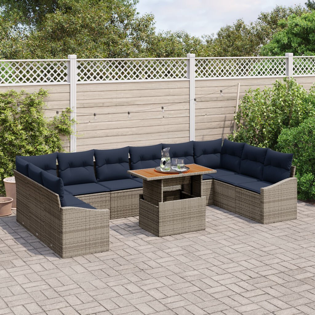 vidaXL 11 Piece Garden Sofa Set with Cushions Grey Poly Rattan Acacia