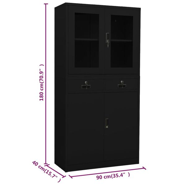 vidaXL Office Cabinet Black 90x40x180 cm Steel and Tempered Glass
