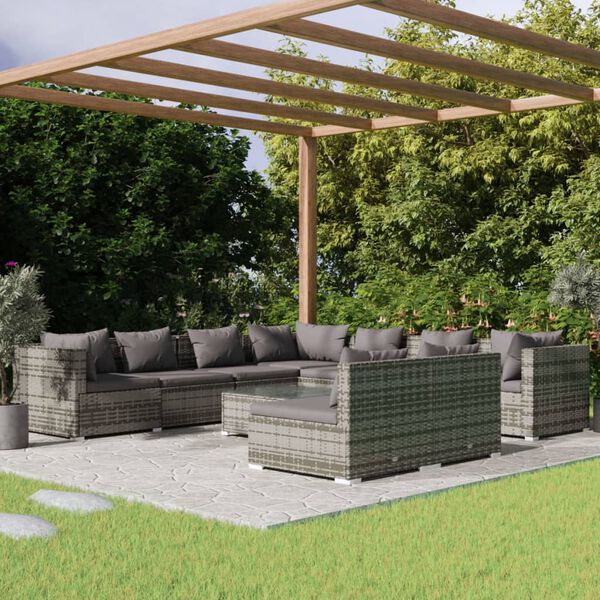 vidaXL 10 Piece Garden Lounge Set with Cushions Grey Poly Rattan