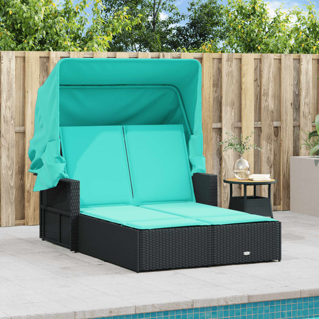 vidaXL Double Sun Lounger with Canopy and Cushions Black Poly Rattan
