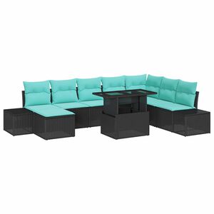 vidaXL Garden Sofa Set with Cushion 9 pcs Black and Blue Poly Rattan