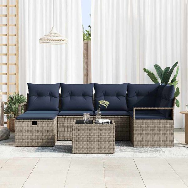 vidaXL Sofa Set with Cushion with Storage Grey and Navy Poly Rattan