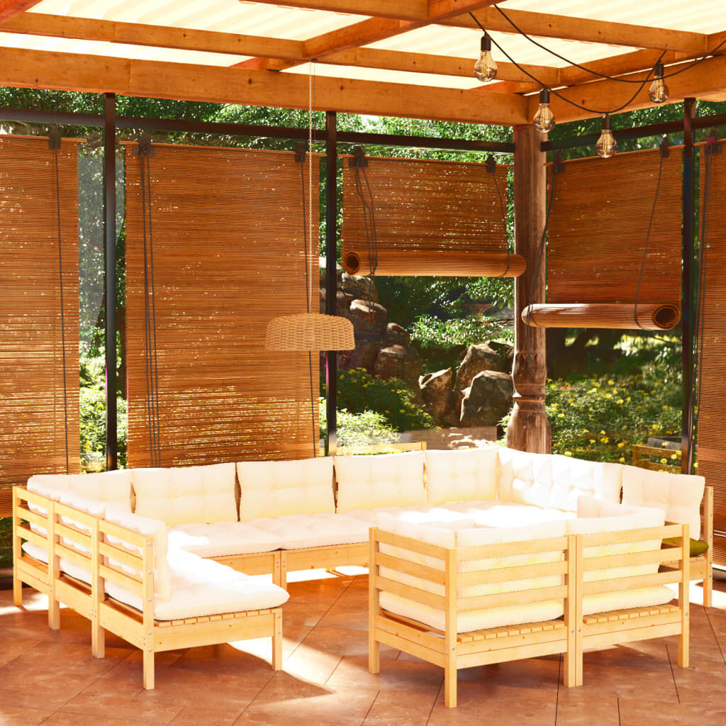 vidaXL 11 Piece Garden Lounge Set with Cream Cushions Solid Pinewood