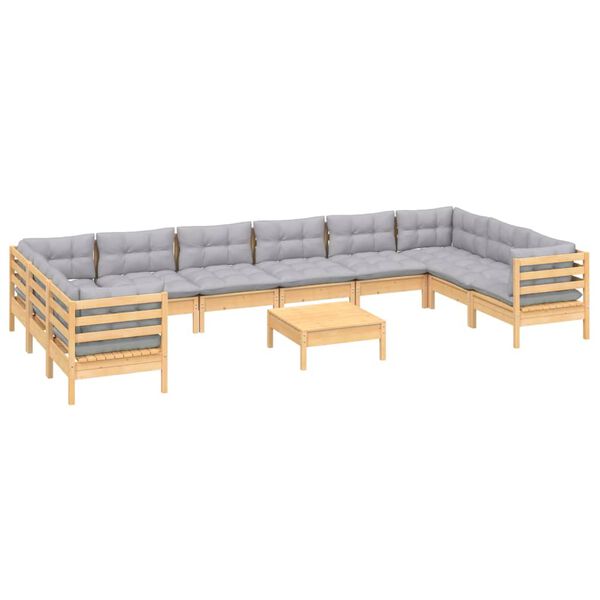 vidaXL 11 Piece Garden Lounge Set with Grey Cushions Pinewood