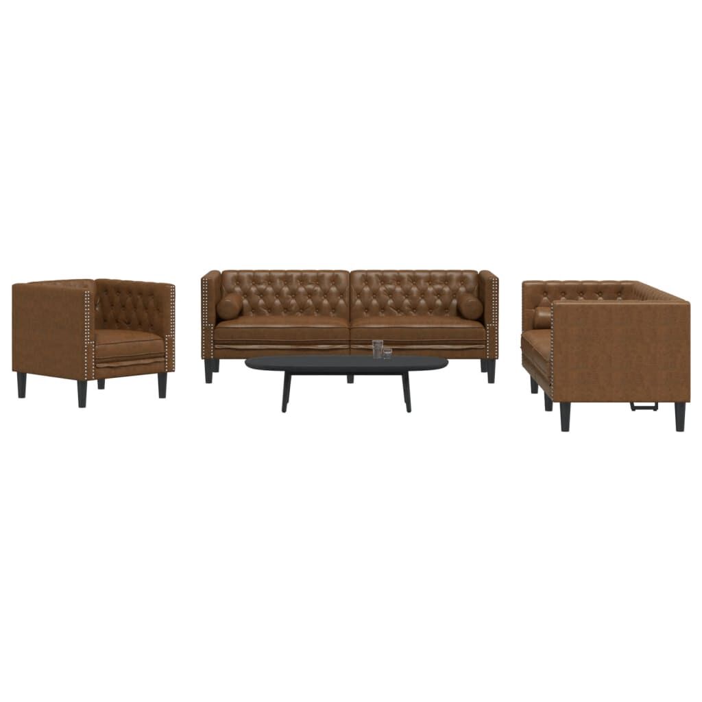vidaXL 3 Piece Chesterfield Sofa Set with Bolsters Brown Faux Suede Leather