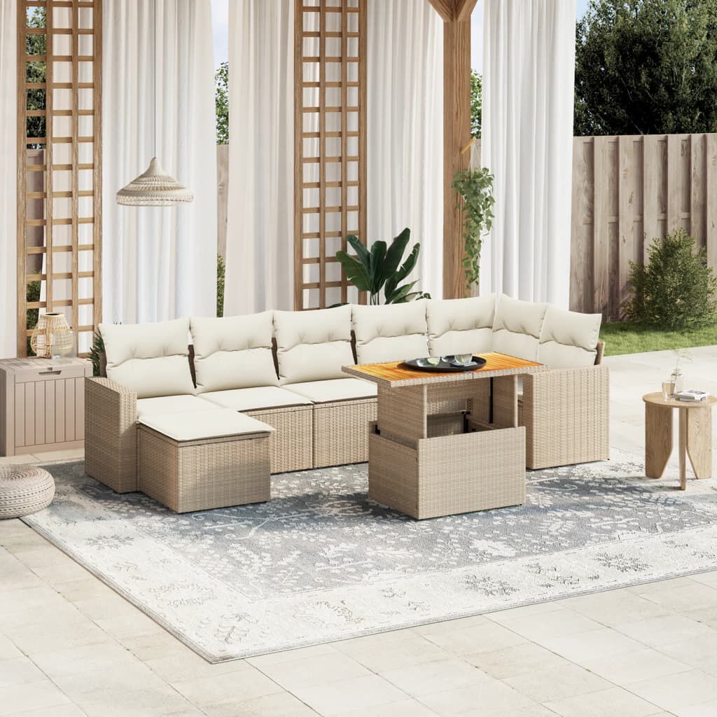 vidaXL 8 Piece Garden Sofa Set with Cushions Beige Poly Rattan