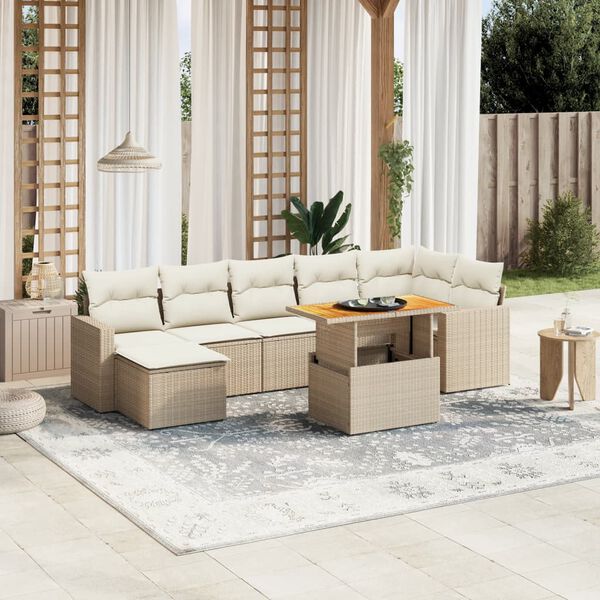 vidaXL 8 Piece Garden Sofa Set with Cushions Beige Poly Rattan