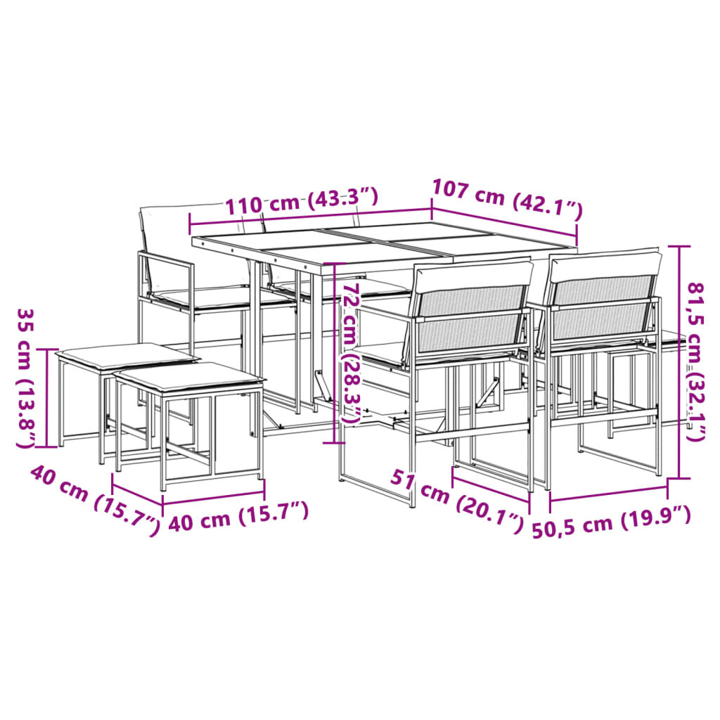 vidaXL 9 Piece Garden Dining Set with Cushions Black Textilene