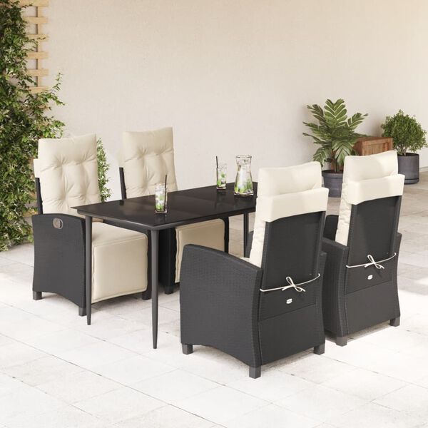 vidaXL 5 Piece Garden Dining Set with Cushions Black Poly Rattan