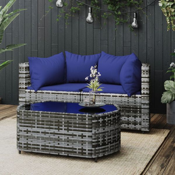 vidaXL 3 Piece Garden Lounge Set with Cushions Grey Poly Rattan
