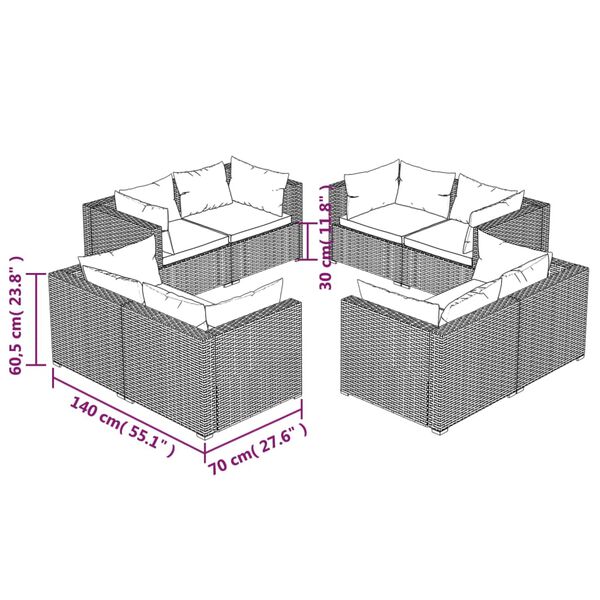 vidaXL 8 Piece Garden Lounge Set with Cushions Poly Rattan Brown