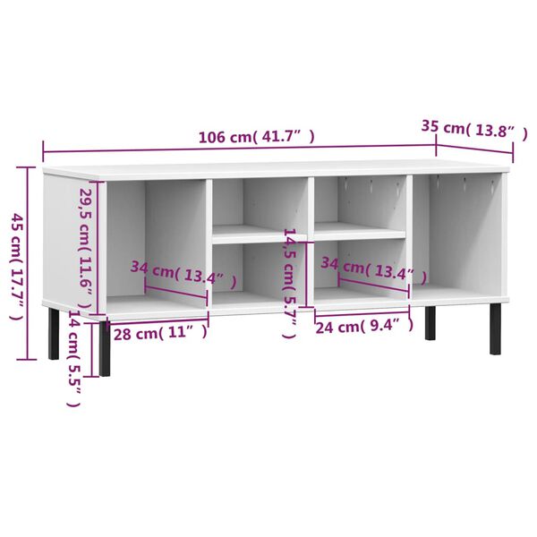 vidaXL Shoe Rack with Metal Legs White 106x35x45 cm Solid Wood OSLO
