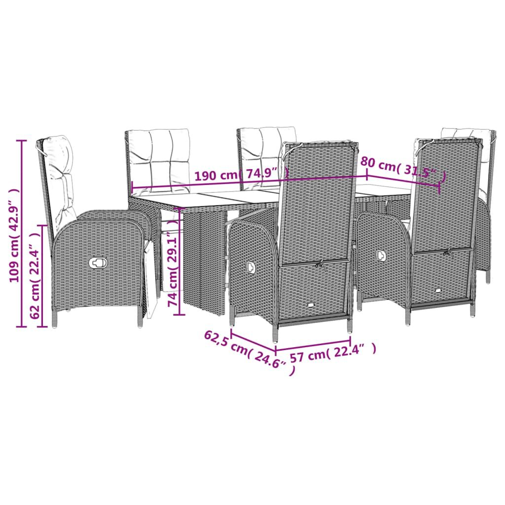 vidaXL 7 Piece Garden Dining Set with Cushions Grey Poly Rattan