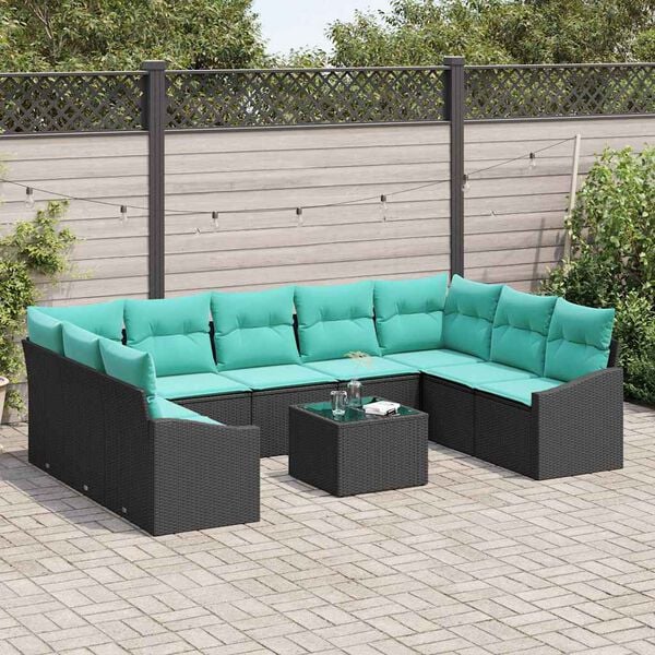 vidaXL Garden Sofa Set with Cushion 10 pcs Black and Turquoise