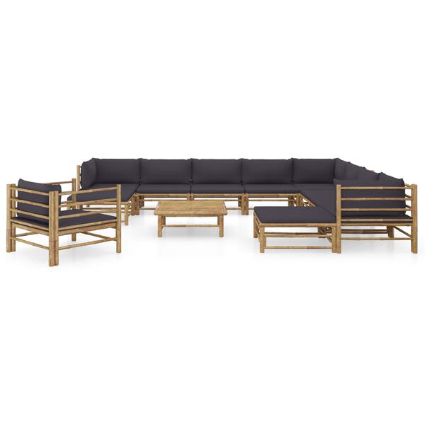 vidaXL 12 Piece Garden Lounge Set with Dark Grey Cushions Bamboo