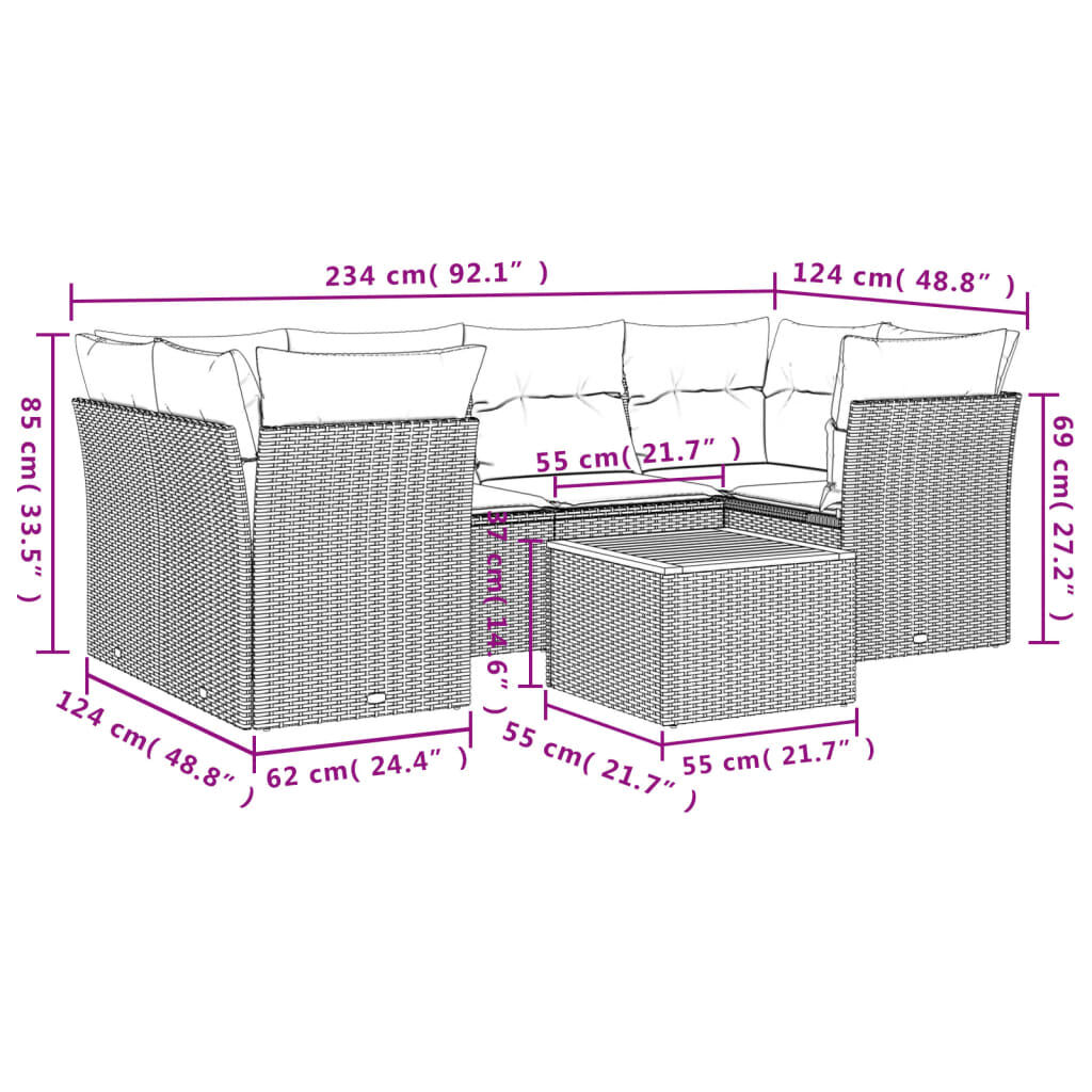 vidaXL 7 Piece Garden Sofa Set with Cushions Black Poly Rattan