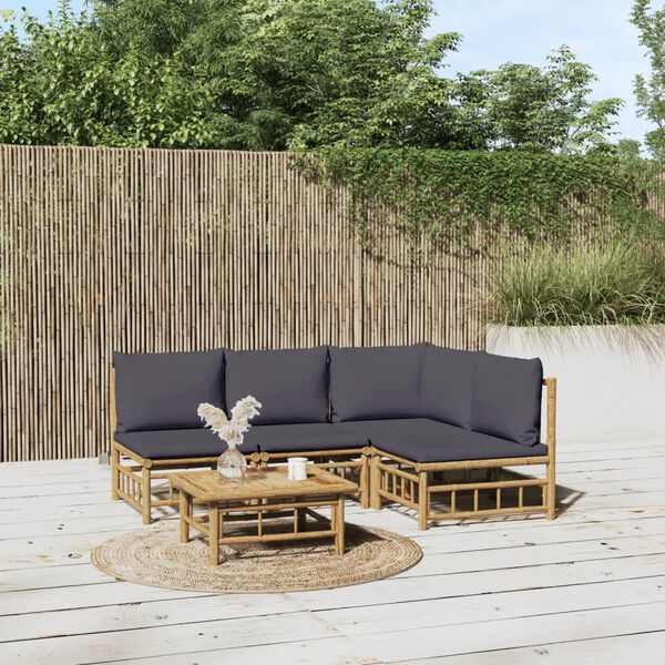 vidaXL 5 Piece Garden Lounge Set with Dark Grey Cushions Bamboo