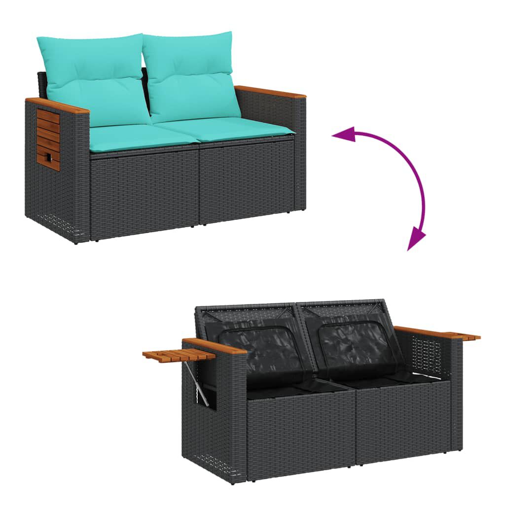 vidaXL Garden Sofa with Cushions 2-Seater Black Poly Rattan