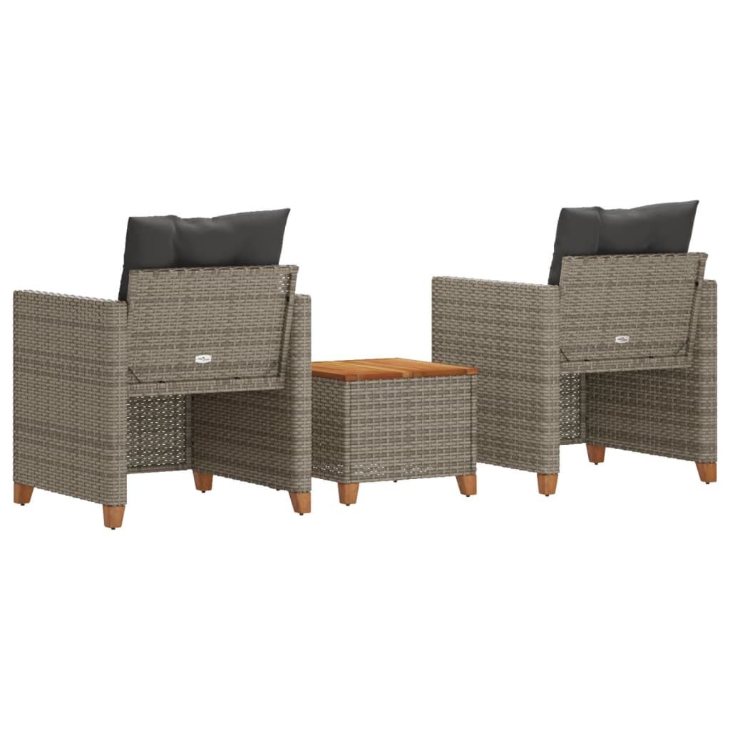 vidaXL 3 Piece Bistro Set with Cushions Grey Poly Rattan Acacia Wood