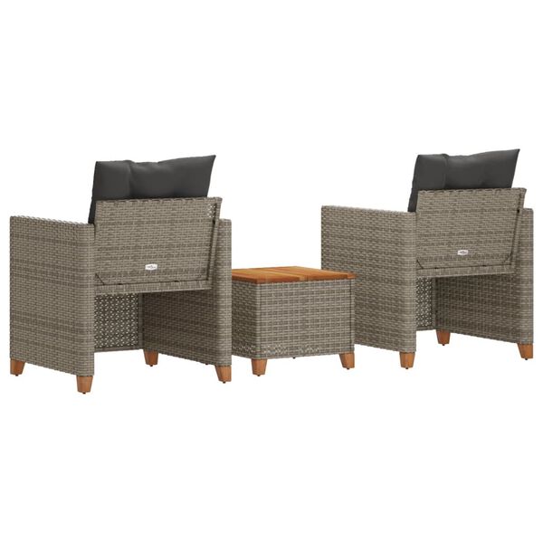 vidaXL 3 Piece Bistro Set with Cushions Grey Poly Rattan Acacia Wood