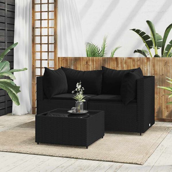 vidaXL 3 Piece Garden Lounge Set with Cushions Black Poly Rattan