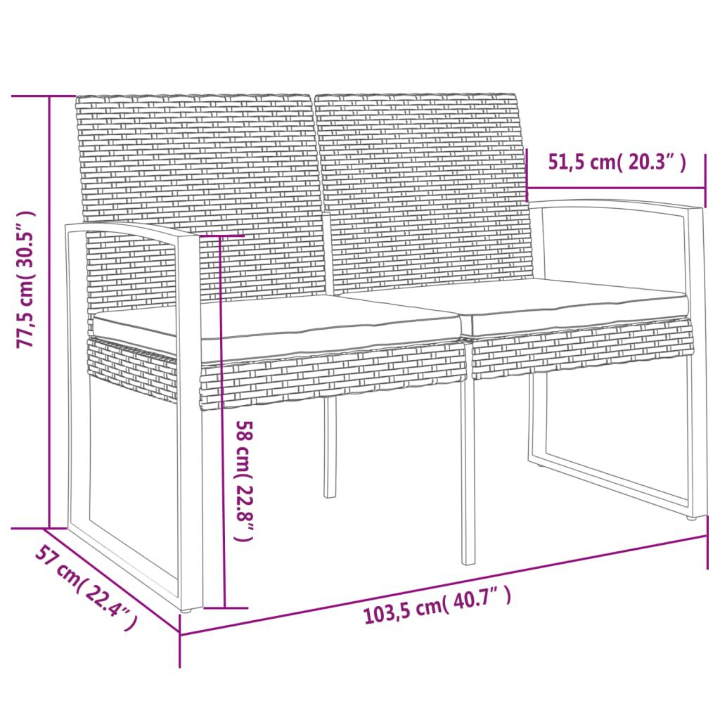 vidaXL 2-Seater Garden Bench with Cushions Dark Grey PP Rattan