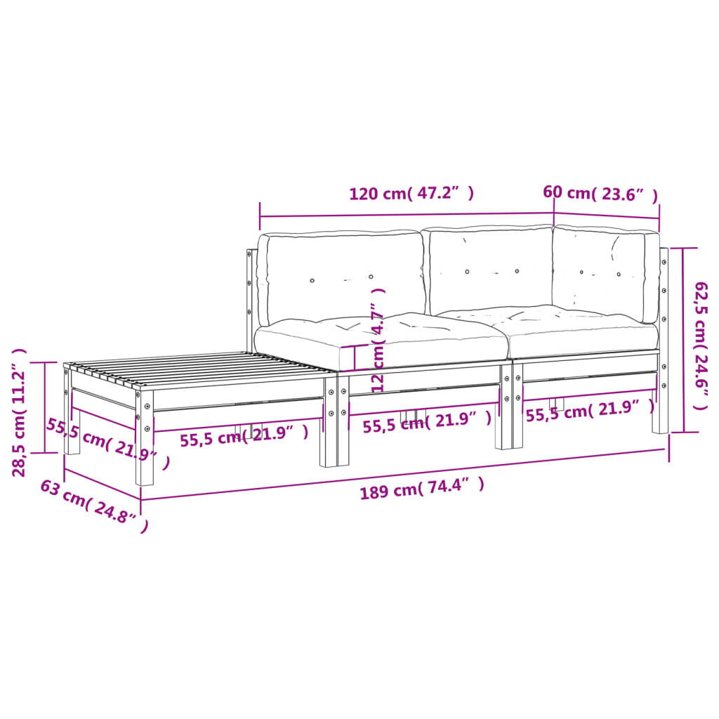 vidaXL Garden Sofa with Cushions and Footstool Solid Wood Pine