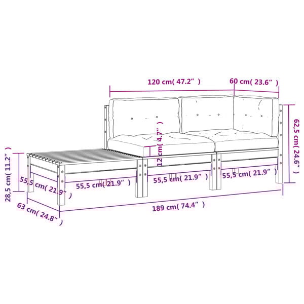 vidaXL Garden Sofa with Cushions and Footstool Solid Wood Pine