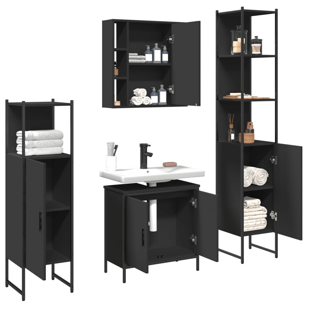 vidaXL 4 Piece Bathroom Cabinet Set Black Engineered Wood