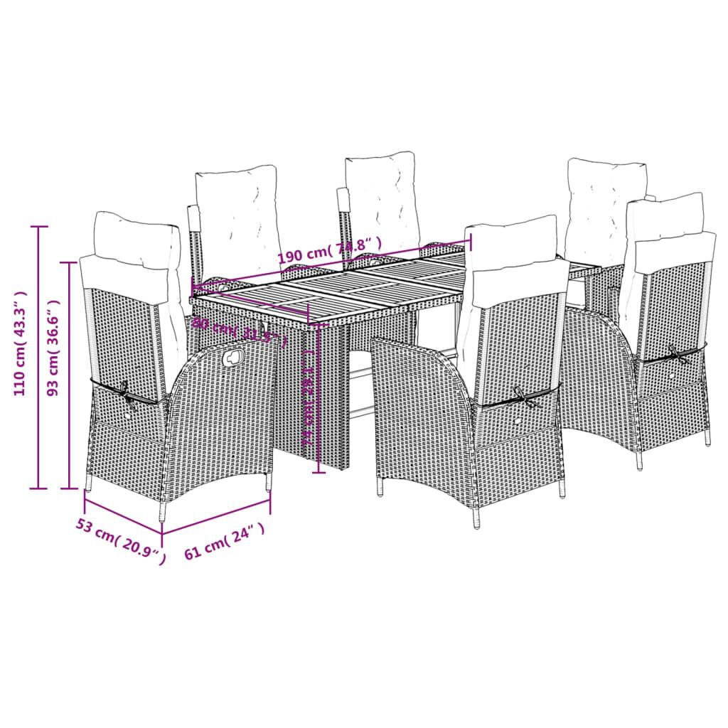 vidaXL 7 Piece Garden Dining Set with Cushions Grey Poly Rattan