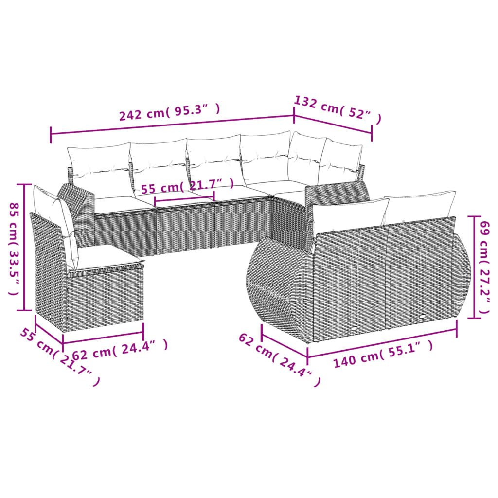 vidaXL 8 Piece Garden Sofa Set with Cushions Beige Poly Rattan