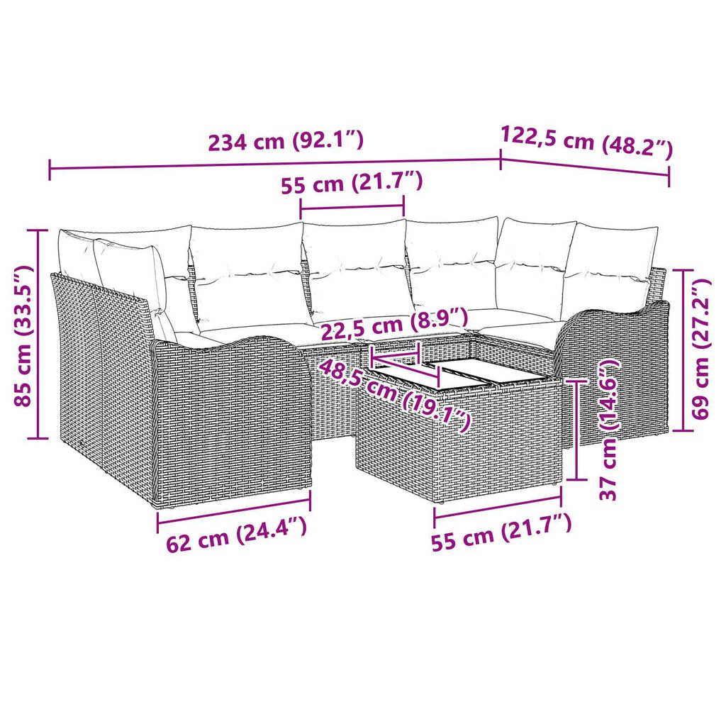vidaXL 7 Piece Garden Sofa Set with Cushions Brown Poly Rattan