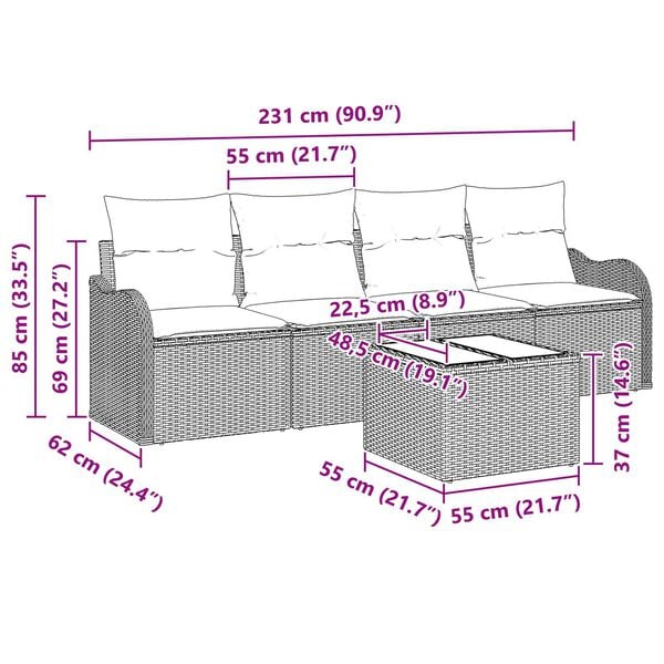 vidaXL 5 Piece Garden Sofa Set with Cushions Grey Poly Rattan
