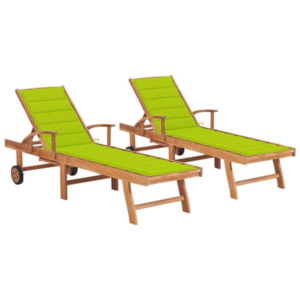 vidaXL Sun Loungers 2 pcs with Bright Green Cushion Solid Teak Wood