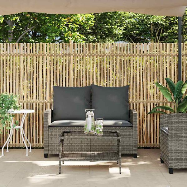vidaXL Garden Sofa 2-Seater with Cushions&Table Grey Poly Rattan