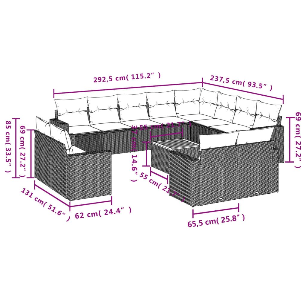 vidaXL 13 Piece Garden Sofa Set with Cushions Beige Poly Rattan