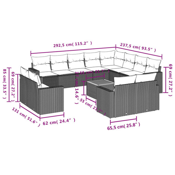vidaXL 13 Piece Garden Sofa Set with Cushions Beige Poly Rattan