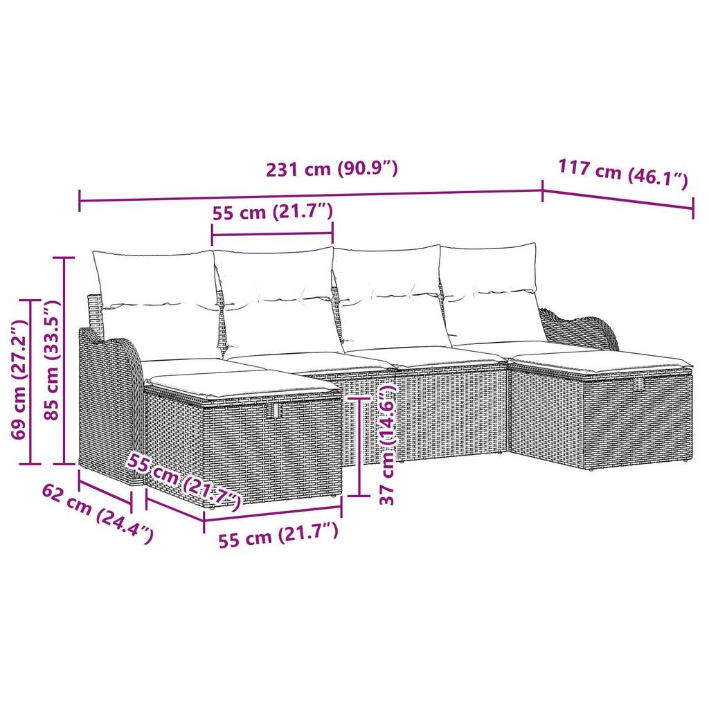 vidaXL 6 Piece Garden Sofa Set with Cushions - Grey Poly Rattan