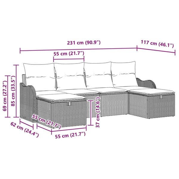 vidaXL 6 Piece Garden Sofa Set with Cushions - Grey Poly Rattan