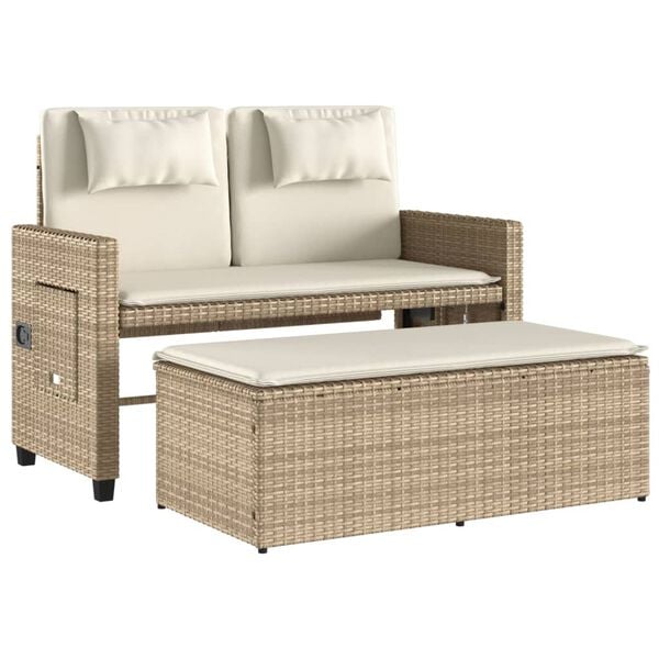 vidaXL Reclining Garden Bench with Cushions Beige Poly Rattan
