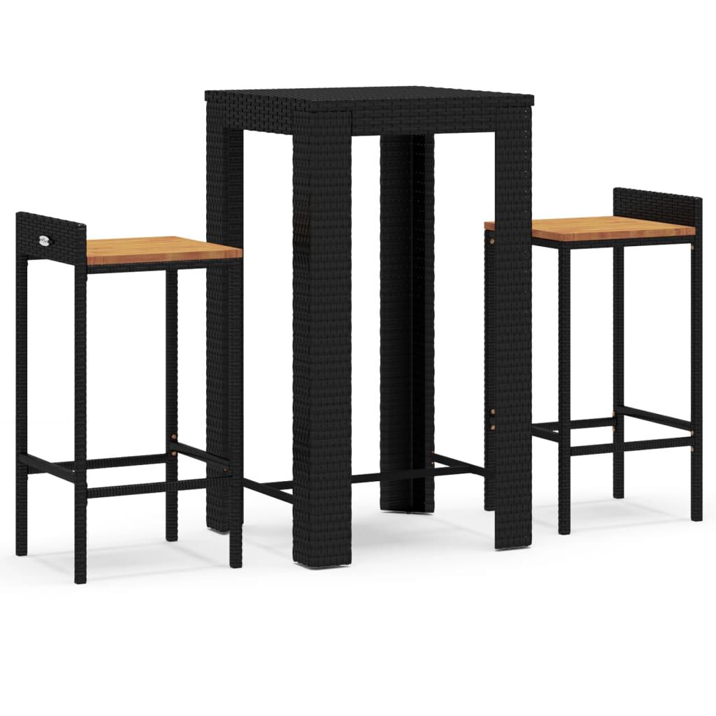 vidaXL 3 Piece Garden Bar Set Black Poly Rattan&Solid Wood Acacia