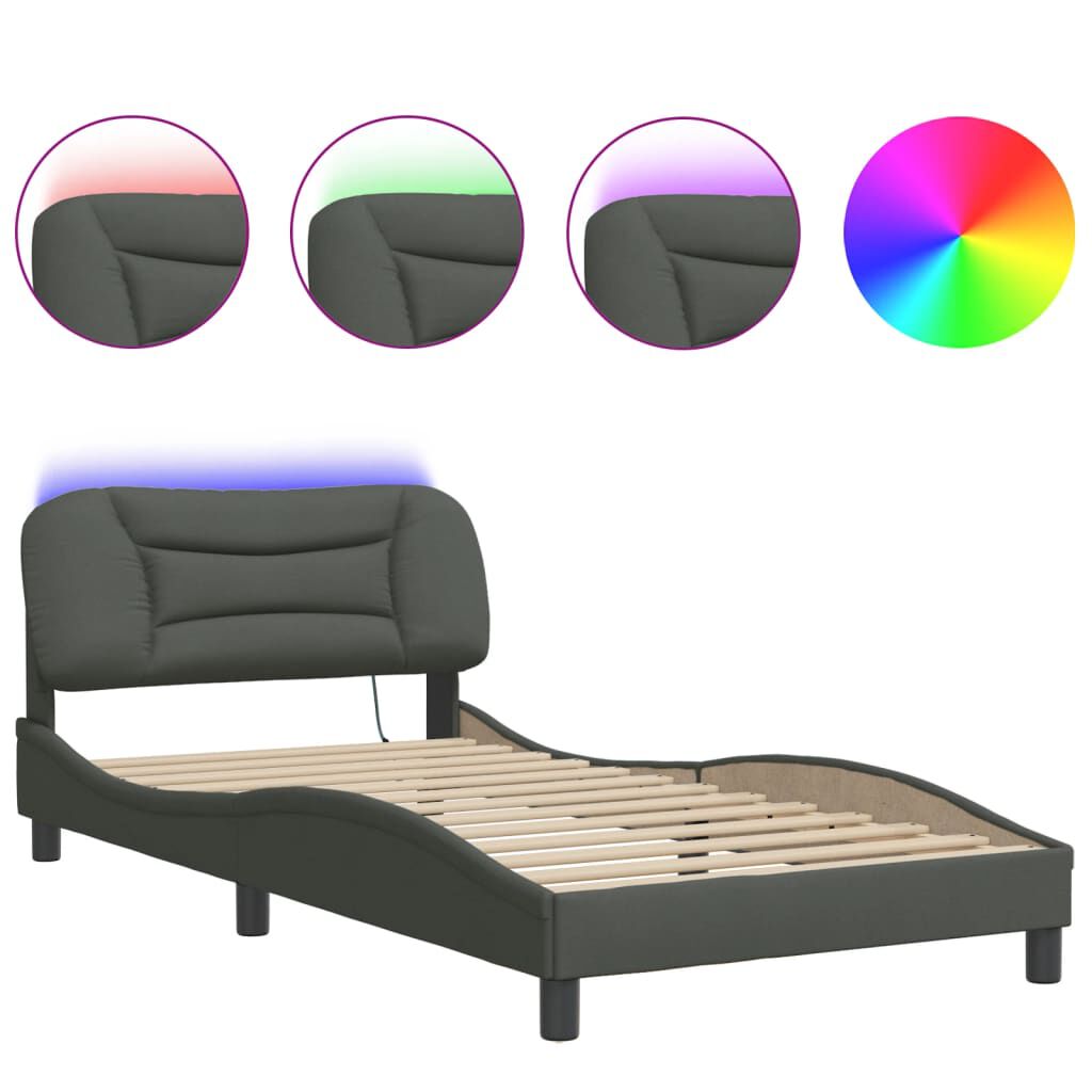 vidaXL Bed Frame with LED without Mattress Dark Grey 100x203 cm Fabric