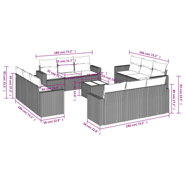 vidaXL 13 Piece Garden Sofa Set with Cushions Brown Poly Rattan