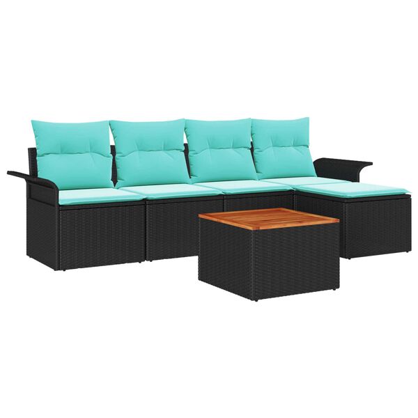 vidaXL 6 Piece Garden Sofa Set with Cushions Black Poly Rattan Acacia