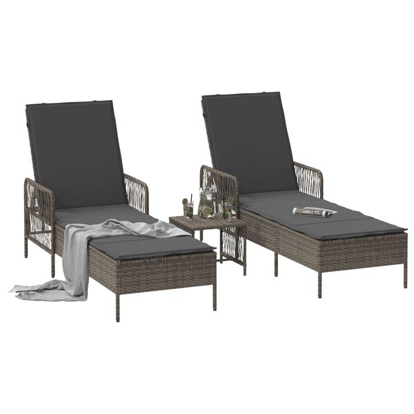 vidaXL Sun lounger Reclining 2 pcs Grey 35 x 35 x 32cm Poly Rattan