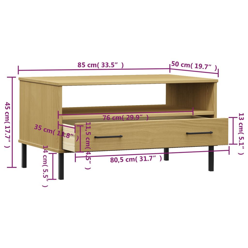 vidaXL Coffee Table with Metal Legs Brown 85x50x45cm Solid Wood OSLO
