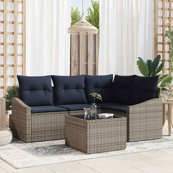 vidaXL Sofa Set with Cushion 5 pcs Grey Poly Rattan