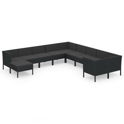 vidaXL 11 Piece Garden Lounge Set with Cushions Poly Rattan Black