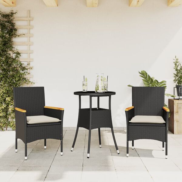vidaXL 3 Piece Garden Dining Set with Cushions Black Poly Rattan and Glass