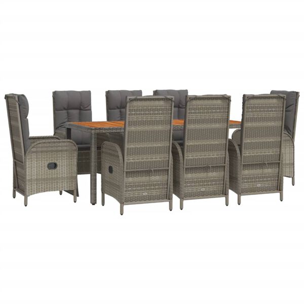 vidaXL 9 Piece Garden Dining Set with Cushions Grey Poly Rattan
